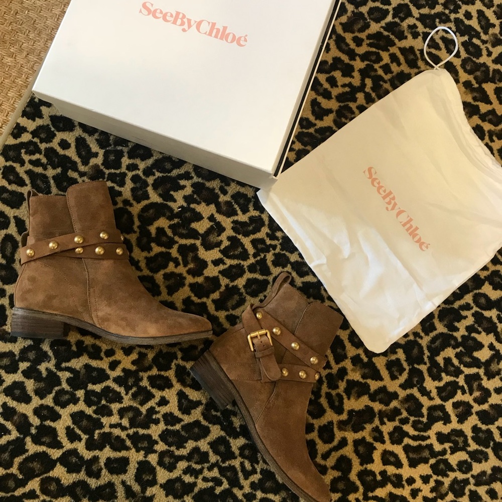 SeebyChloé tan booties with Gold accents